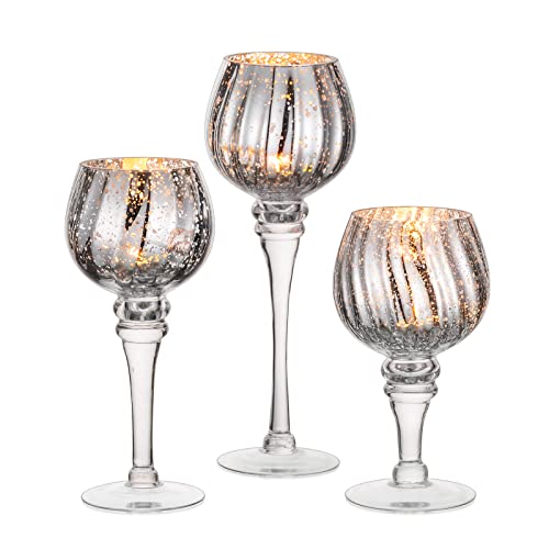 Nuptio Teelichthalter Glas 3 Stück Große Quecksilber Teelichter Kerzenständer Große Silberne Kerze Halter Glas Langen Stamm Säule Tisch Tafelaufsatz für Hochzeit Partei Weihnachten Mantel von NUPTIO