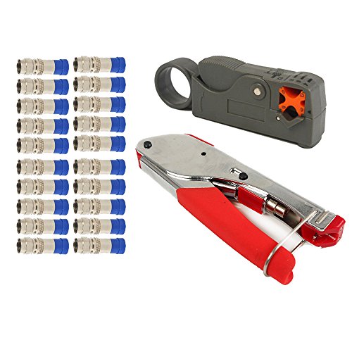 NUZAMAS F-Type Compression Crimper Stripper Set Hand Tool Rotary Coaxial Cable Crimping Stripping Cutting Pliers RG59 RG6 Crimp Cutter with 20 Connectors von NUZAMAS