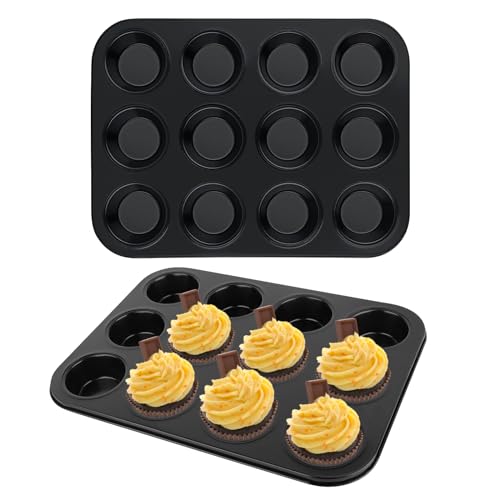 2 Stück 12er Muffinform Blech für 24 Muffinblech Muffin Backform Antihaftbeschichte Backform Inspiration Mini Muffinform Rund Backblech für Muffins Cupcake Pan Set Muffin Moulds 35×26×3 cm, Schwarz von NVIYAM