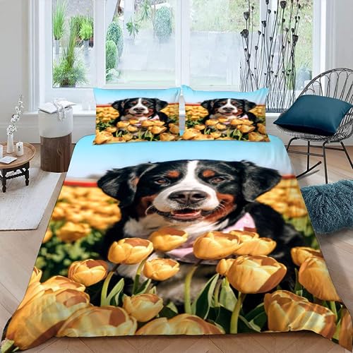 NYSMGS Bettwäsche-Sets 200x200 3 Teilig Berner Sennenhund 3D Motiv Erwachsene Kinder Tiere Hunde Mikrofaser Atmungsaktive Sommer Erwachsene Bettbezug mit Reißverschluss und 2 Kissenbezüge 80x80cm von NYSMGS