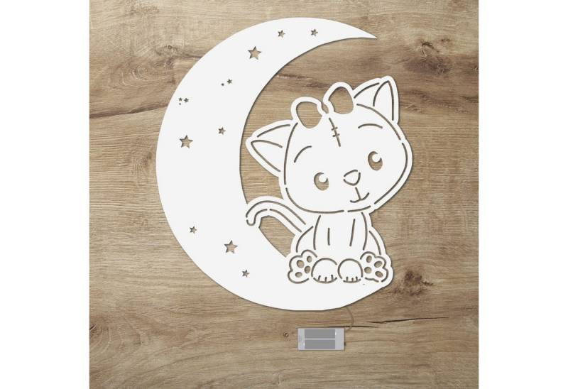 Namofactur LED Dekolicht Wandlampe Mond Katze Holz Wand Deko Lampe Nachtlicht I Kinderzimmer, Ohne Zugschalter/Stern, LED fest integriert, Warmweiß von Namofactur