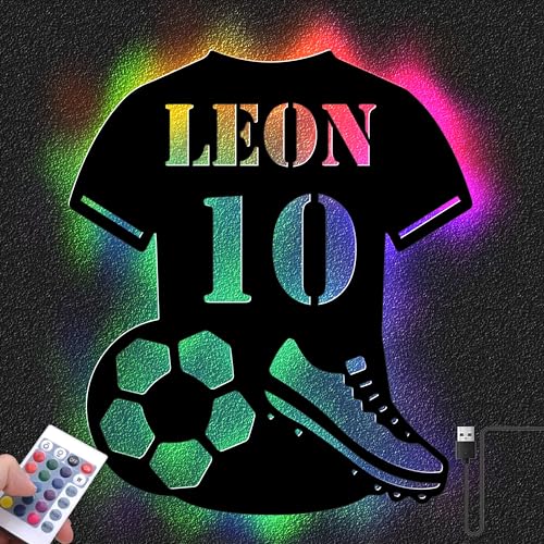 Personalisierbares RGB LED Nachtlicht in Trikot-Form | Farbwechsel Lampe mit Fernbedienung für Kinderzimmer | Ideal für Fußballfans – Wählbar aus 12 Holzfarben von Namofactur