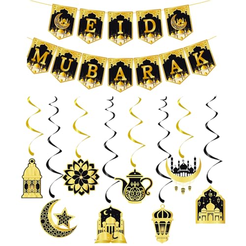 Ramadan Mubarak Eid Dekorationen Banner, Ramadan Mubarak Girlande Glänzende Gold Stern Mond Laterne Hängende Streamer Ramadan Hängende Dekorationen für Islam Festival, Ramadan Kareem Decor von Naravisio