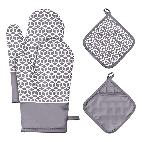 Ofenhandschuhe und Topflappen 4er Set, Ofenhandschuhe Hitzebestaendig mit Rutschfestem Geometrischem Silikonmuster, Backofen Handschuhe Backhandschuhe für Küche und Grill (Grau) von Naseom