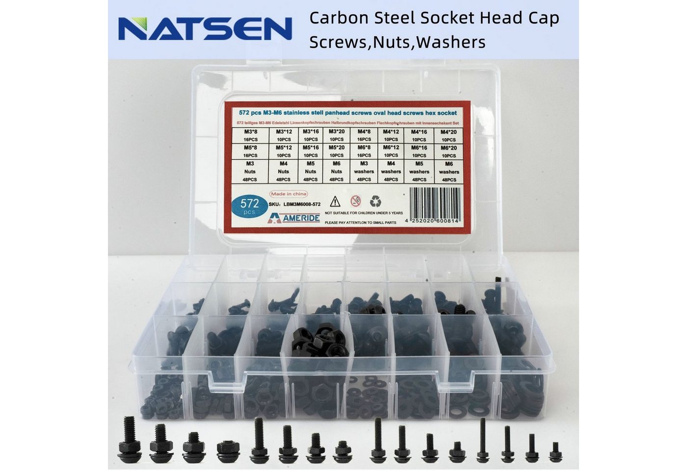 Natsen Schrauben-Set, (572 St), M3-M6 Linsenkopfschrauben Innensechskant Set 572pcs Kohlenstoffstahl von Natsen