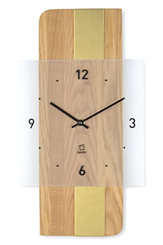 Natuhr Holz Metall Glas Wanduhr - Fusion - präzises Funk-Uhrwerk plastikfrei verpackt (Eiche geölt/Messing Auflage) von Natuhr