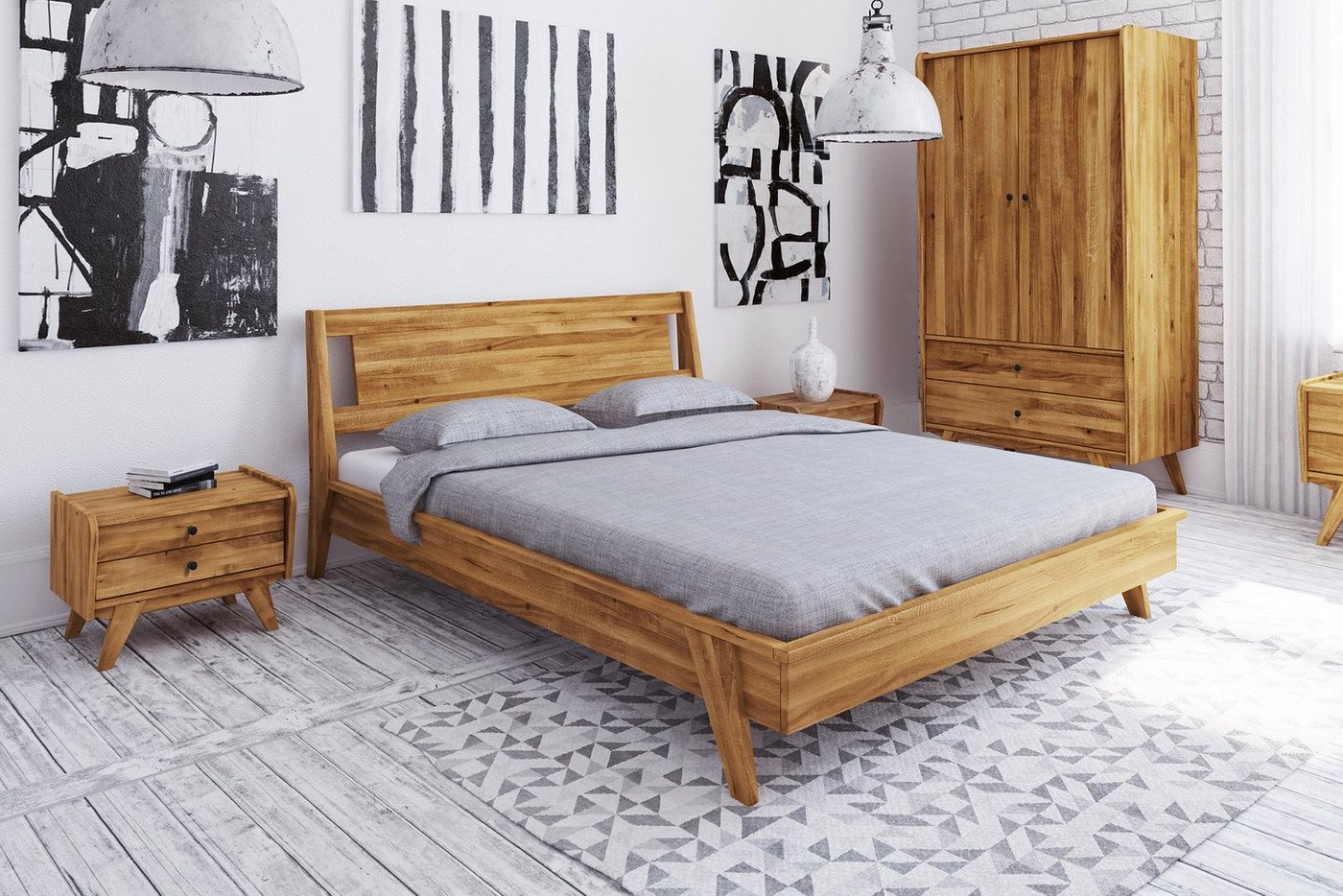 Natur24 Einzelbett Bett Jetro 2 Wildeiche massiv 100x200 mit Holzkopfteil und Holzbeinen von Natur24