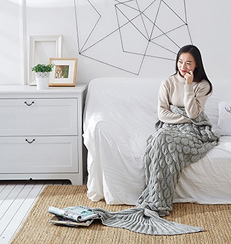 Naturer Meerjungfrau Decke Kinderdecken für Erwachsenes handgemachtes gestricktes Fisch-Skalen-Muster-Schlafsack Kuscheldecke 195x90cm - Grau von Naturer
