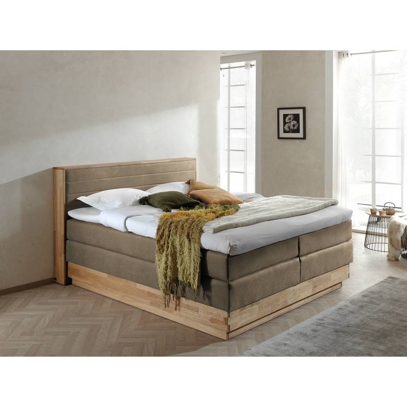 Naturoo Boxspringbett Moneta 200x200 cm Webstoff/Massivholz Eiche Latte Macchiato mit Bettkästen/Matratze von Naturoo