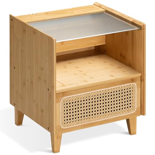 Navaris Nachtschrank aus Bambus mit Rattan Look - Nachttisch mit Schublade und Glas Oberfläche - Beistelltisch Boho Design - kleine Kommode in Braun von Navaris