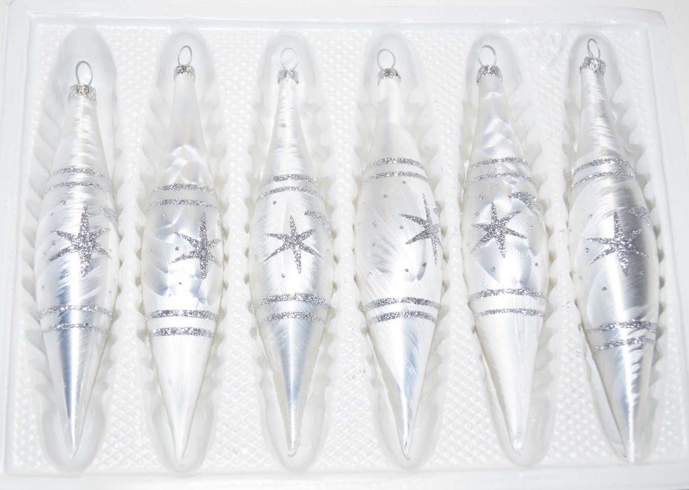 Navidacio Christbaumschmuck 6 tlg. Glas-Zapfen Set in Ice Weiss Silber" Komet" von Navidacio
