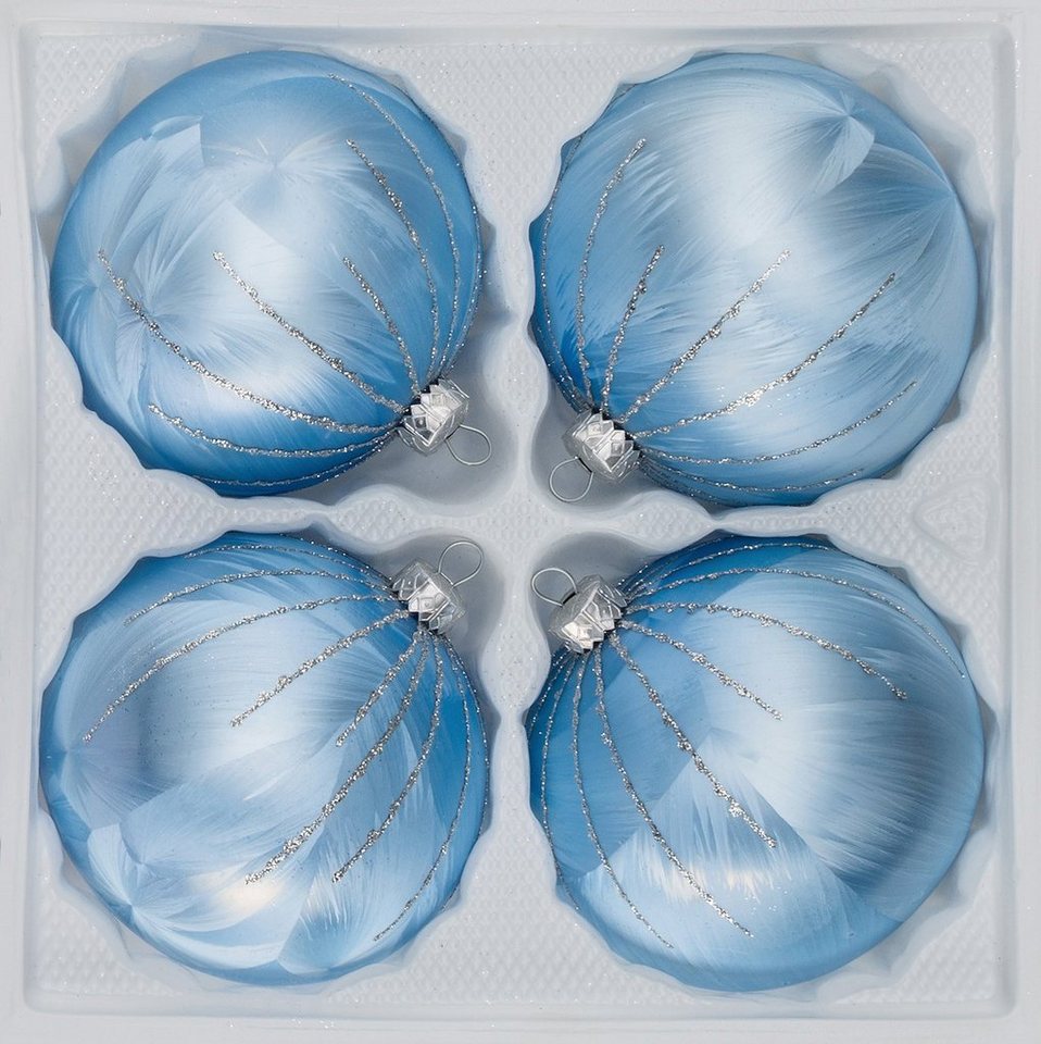 Navidacio Weihnachtsbaumkugel 4 tlg. Glas-Weihnachtskugeln Set 8cm Ø in Ice Blau Silber Regen von Navidacio