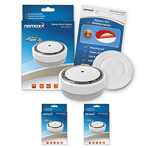 Nemaxx M1NX 2X Rauchmelder M1-Mini sensibler, photoelektrischer Rauchwarnmelder mit Lithiumbatterie Typ DC3V nach DIN EN14604-weiß + NX1 Befestigungspad, Weiß, 2er-Set, 2 Stück von Nemaxx