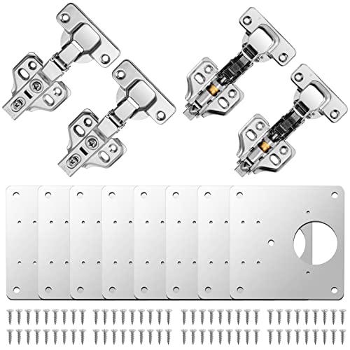 Neoteck 4 Stück Mittenlanschlag Scharniere 110°mit 8 Reparaturplatten Kit mit 72 Schrauben für Schrankmöbel, Schubladen, Fenster, Edelstahlplatten-Reparaturzubehör von Neoteck