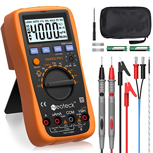 Neoteck Digital Multimeter 4000 Counts Auto Manual Range LCD-Display Backlight 2 Bananenstecker AC/DC Spannung Strom Widerstand Kapazität Frequenz Temperatur für Schule Labor Factory usw Orange von Neoteck