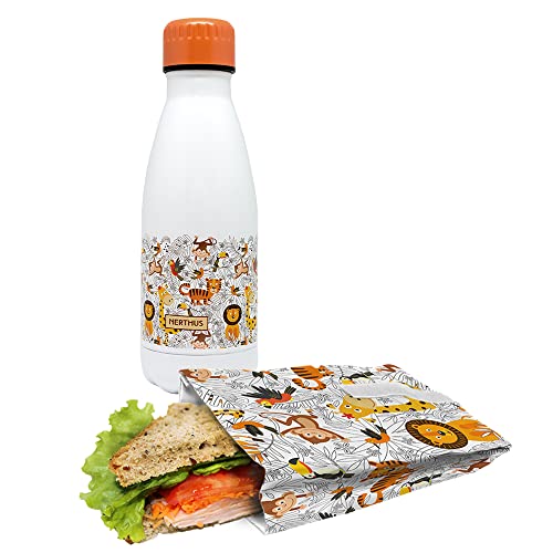 NERTHUS FIH 1008 SET Doppelwandige Flasche Edelstahl + Sandwich Tasche Löwen von NERTHUS