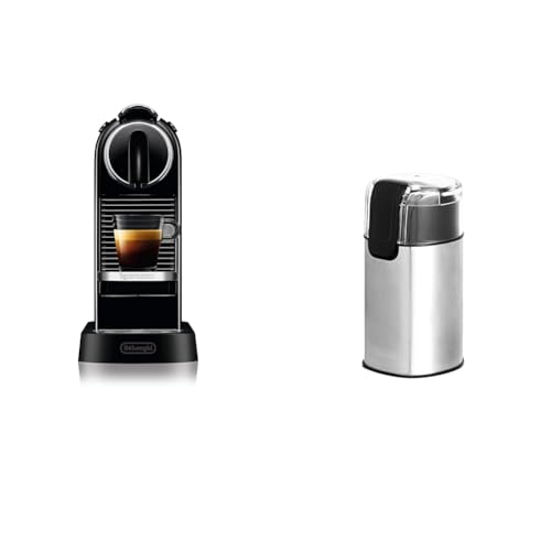 Nespresso De'Longhi EN167.B Citiz Kaffeekapselmaschine, mit Hochdruckpumpe, 1260W, 1liter,37.4 x 11.9 x 25.5 cm, Schwarz & Amazon Basics – Elektrische Kaffeemühle, Edelstahl von Nespresso