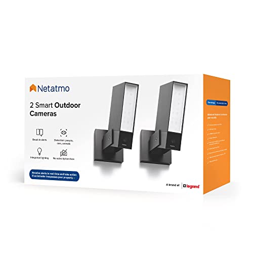 Netatmo Paket mit 2 Outdoor-Kameras, WLAN, Integrierte Beleuchtung, Bewegungserkennung, Nachtsicht, Ohne Abonnement, NBU-2-NOC-AMZ, Schwarz, Paket mit 2 Stück, 1920p von Netatmo