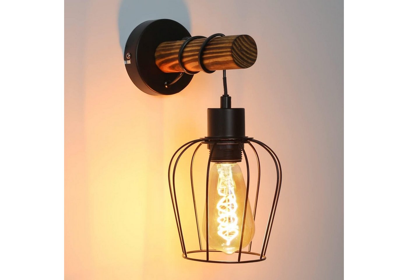 Nettlife Wandleuchte Innen Schwarz Holz Wandlampe Vintage E27 mit Schalter, LED wechselbar, für Schlafzimmer Wohnzimmer Flur Treppenhaus von Nettlife