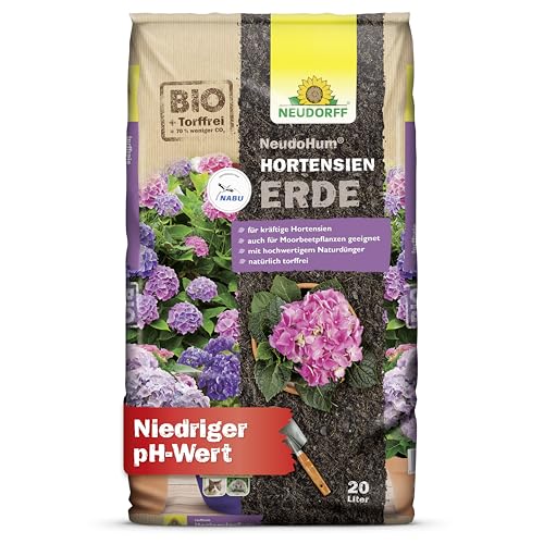 Neudorff NeudoHum HortensienErde – Torffreie Bio-Erde für prächtige Hortensien in Topf und Kübel. Auch für Moorbeetpflanzen geeignet, 20 Liter, Braun von Neudorff