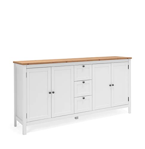 Newfurn Kommode Weiß Wildeiche Sideboard Vintage Landhaus - 180x90x40 cm (BxHxT) - Highboard Anrichte - [Eireen.Three] Wohnzimmer Schlafzimmer Flur Esszimmer von Newfurn