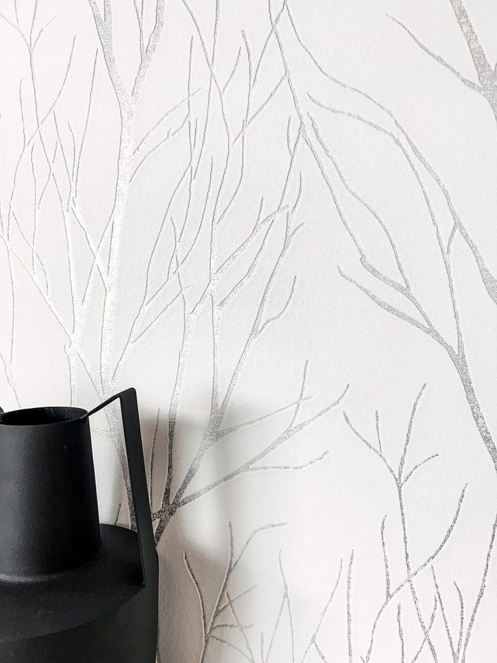 Newroom Vliestapete, Weiß Tapete Floral Äste - Blumentapete Äste Silber Romantisch 3D Optik Zweige für Schlafzimmer Wohnzimmer Küche von Newroom