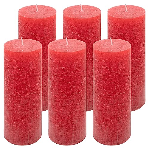 Rustik-Kerze Höhe 20 cm Ø 7,5 cm lange Brenndauer Rund-Kerze Säulenkerzen Kerzen-Deko Tafelkerzen Weihnachts-Kerzen Hochzeits-Deko (rot, 6) von Nexos Trading