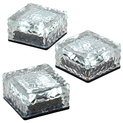 Nexos Trading 3er Set Solar Glasstein Pflasterstein Bodenleuchte Dekoleuchte mit 4 LED 10 x 10 x 4,5 cm robustes Milchglas mit Akku & Dämmerungssensor weiß von Nexos Trading