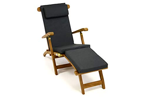 Nexos DIVERO Liegestuhl eleganter Deckchair Florentine Steamer Chair Teakholz Liegenauflage mit Kopfteil mit 4 Segmenten wasserabweisend Bezug abnehmbar mit Reißverschluss (anthrazit) von Divero