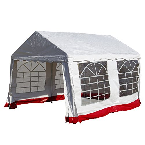 Nexos Hochwertiges Festzelt Partyzelt Pavillon 3x4 m weiß/roter Rand mit Seitenteilen für Garten Terrasse Plane Feier Markt wasserdicht PVC Dach 400 g/m² von Nexos Trading