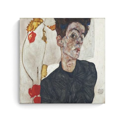 NgAnoh Egon Schiele Leinwanddruck, Selbstporträt mit Physalis von Egon Schiele, Kunstdruck, zum Aufhängen, Foto, Geschenkidee, Dekoration, Heimkunst, 60 x 60 cm von NgAnoh