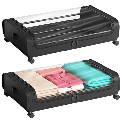 Unterbett Aufbewahrungsbox 2 Stück Unterbettkommode mit Rollen Deckel 48L Metallrahmen Bettkasten Organizer Aufbewahrungstasche Faltbare Unterbettbox für Kleidung Schuhe Decken Bettwäsche, Schwarz von Nicecastle