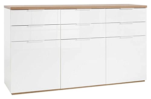 Kommode Sideboard Mehrzweckschrank | Dekor | Weiß Hochglanz | Riviera Eiche | 3 Türen | 6 Schubladen von Nicht Zutreffend