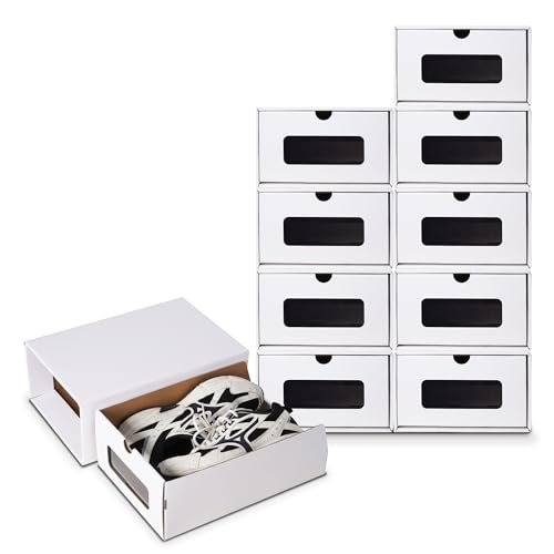 Nisorpa Kraftpapier Schuhkarton 10er Boxen-Set Stapelbar Schuhboxen mit Sichtfenster Schublade Pappkarton Faltbare für Spielzeug & Zubehör, Weiß von Nisorpa