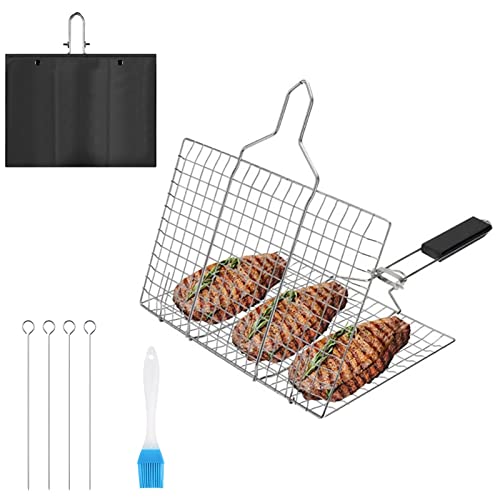 Grillkorb Fischbräter BBQ Grillkorb Grillgitter: Nizirioo Edelstahl Fisch Grillkorb Tragbar Faltbarer Grill Fischhalter mit Abnehmbarem Griff mit Backbürste, 4 Metallspießen und Aufbewahrungstasche von Nizirioo