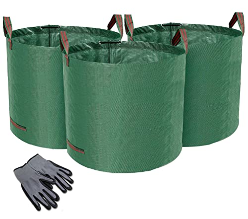 Norjews 3X 120L Gartensack Laubsack Gartenabfallsack, stabil - Gartensäcke für Gartenabfälle, Grünschnittsäcke faltbar, wasserdicht, robust aus Polypropylen-Gewebe 150gsm (inkl. Gartenhandschuhe) von Norjews