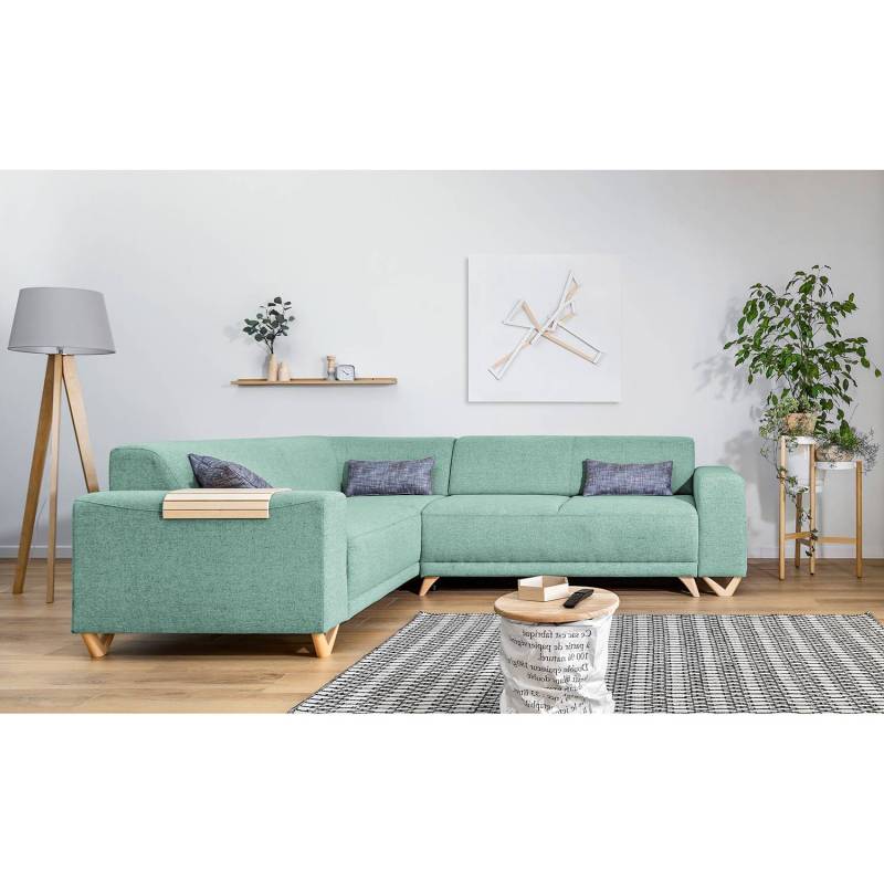 Norrwood Ecksofa Loiz I Babyblau Webstoff 245x76x210 cm mit Schlaffunktion und Bettkasten von Norrwood