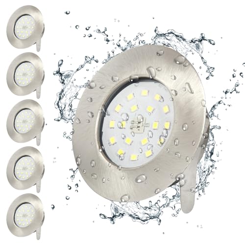 Wondlumi LED Einbaustrahler Set IP44 Badezimmer LED Spots 230V 5W Kaltweiss Rund Nickel Deckenspots 30mm Flach 500lm, Nicht Dimmbar, 6er Pack von Wondlumi