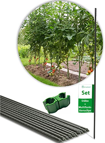 Novatool 10 x Rankstab 110 cm und 10x Multifunktionsclip 11mm I Rankhilfe Gurken Rankgitterverbinder Tomatenstab Pflanzenclips I Garten Multifunktionsclips Pflanzenklammern Befestigung Gewächshaus von Novatool