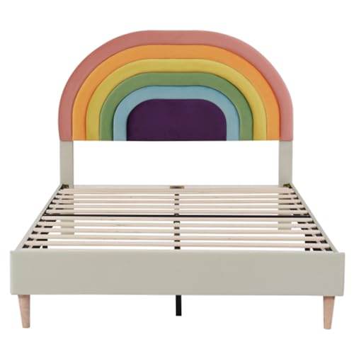Ntxplora Das Zwei -angrünzige Kinderbett mit Regenbogenform. Es gibt Rücken am Bett, es befindet Sich EIN Stauraum unter dem Bett und das Bedienbrett ist Holz. (Weiß 140 * 200cm) von Ntxplora