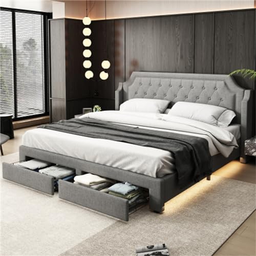 Ntxplora Modernes graues Doppelbett mit Rückenlehne am Kopfteil, Einer Lichtleiste unter dem Bett und Stauraum in Schubladen unter dem Bett. von Ntxplora
