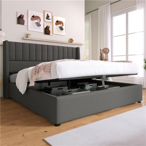 Ntxplora Modernes minimalistisches hydraulisches Doppelbett mit Rücken am Bett ist staubdicht der Stauraum unter dem Bett (Grey 140 * 200) von Ntxplora