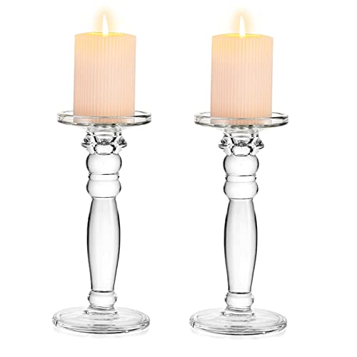 NUPTIO 2 Stück Kerzenhalter Glas für Tische, Klare Kerzenhalter für Stumpenkerzen, 23.5cm Hohe Kerzenhalter-Set für Wohnzimmer Esszimmer Hochzeitsdekorationen Einweihungsgeschenk von NUPTIO