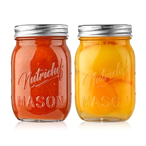 Mason Jars with Lids - 16oz DIY Magnetic Spice Jar Glass Container w/Airtight Lid and Band - Ideal for Meal Prep, Overnight Oats, Jelly, Jam, Honey, Candles, Crafts, Wedding Favors (2 Pcs) von Nutrichef