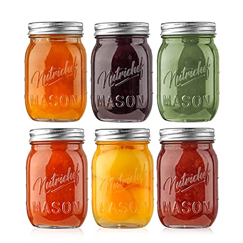 Mason Jars with Lids - 16oz DIY Magnetic Spice Jar Glass Container w/Airtight Lid and Band - Ideal for Meal Prep, Overnight Oats, Jelly, Jam, Honey, Candles, Crafts, Wedding Favors (6 Pcs) von Nutrichef