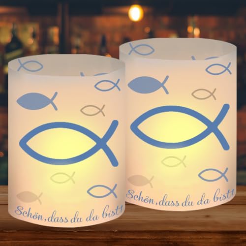 12 Stück Windlicht Taufe Tischdeko, Teelicht Taufe Kommunion Deko,Windlichter Fisch Kommunion Deko, Lantern Fisch Taufdeko,Windlichter für Taufe Konfirmation Deko Junge Mädchen Kommunion Gastgeschenk von O-Kinee