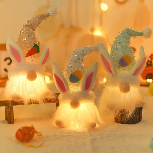 3 Stück Ostern Deko Wichtel, Plüsch Osterhasen Zwerg, Ostern Wichtel Frühlingsdeko, Wichtel Hasen Ohren mit Led-licht, LED Osterhasen Deko Tischdekoratio, für Kinder Wichtel Osterdekoration Geschenk von O-Kinee