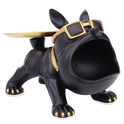 Coole Bulldogge Deko Französische Bulldogge Skulptur Hunde-Statue Aus Kunstharz Welpe DekorationMit Edelstahl Tablett Für Schlüssel Organizer Süßigkeiten Aufbewahrungsbox Tischdekoration (Color : Sch von O·Lankeji