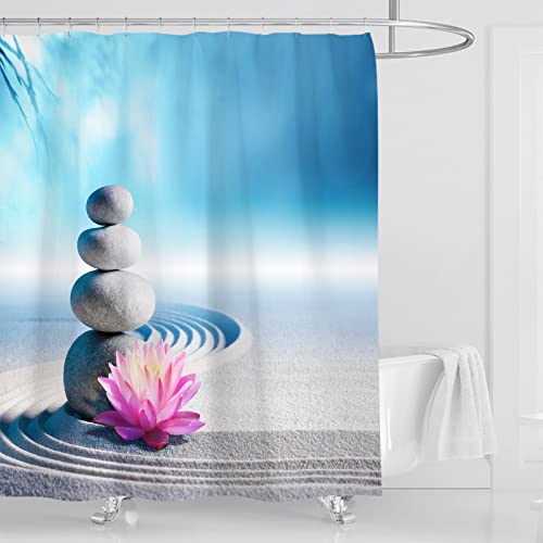 OCEUMACO Duschvorhang 120x200 Zen Shower Curtains Textil Antischimmel Wasserdicht 3D Orchidee Steine Duschvorhänge Badewanne Stoff aus Polyester Waschbar Vorhang mit Ringe - Blau Grau von OCEUMACO
