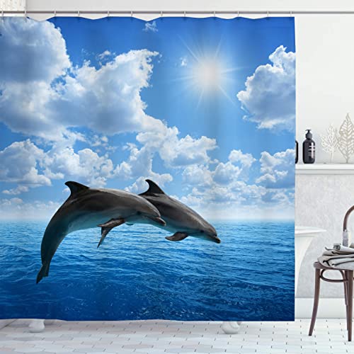 OCEUMACO Duschvorhang 3D Delphin Meer 240x200 Ocean Tiere Motiv Shower Curtains Textil Antischimmel Wasserdicht Duschvorhänge Badewanne Stoff Waschbar Extra Breit Vorhang mit Haken - Blau 1 von OCEUMACO
